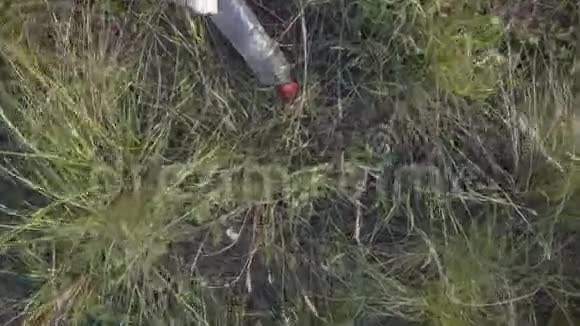 人的手正从田野里拿着塑料瓶把它举起来拿着扔进垃圾袋俯视视频的预览图