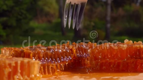 叉用蜂蜜切一片蜂窝视频的预览图