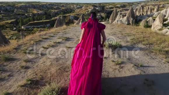 年轻的高个子女孩模特穿着一件紫色的长裙尾巴留在山上视频的预览图