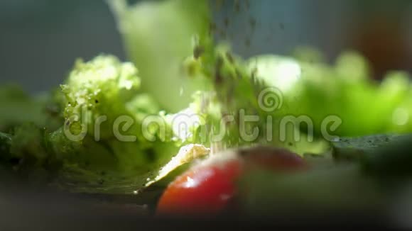 在蔬菜沙拉中加入黑粉胡椒慢动作关门视频的预览图