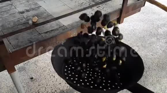 在传统平底锅上炸开的栗子视频的预览图
