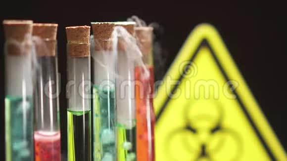 在生物危险标志的背景下用不同颜色的沸腾液体的玻璃试管视频的预览图