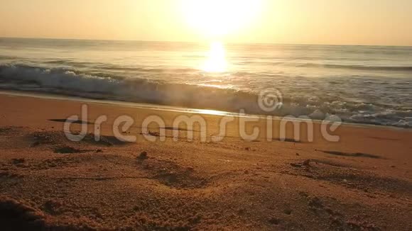 金色的阳光反射在海滩上太阳在傍晚照耀着海浪在岸边拍打海滩上的金色阳光视频的预览图