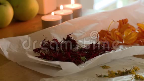 餐巾纸上的花瓣和蒲公英头视频的预览图