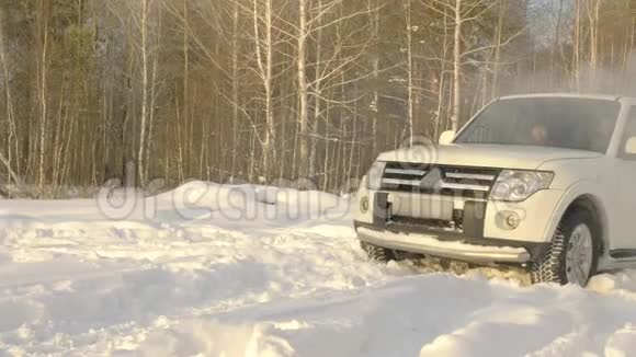 suv汽车在雪地里行驶在雪地里的冬季道路上在雪地里的森林背景下慢动作视频的预览图