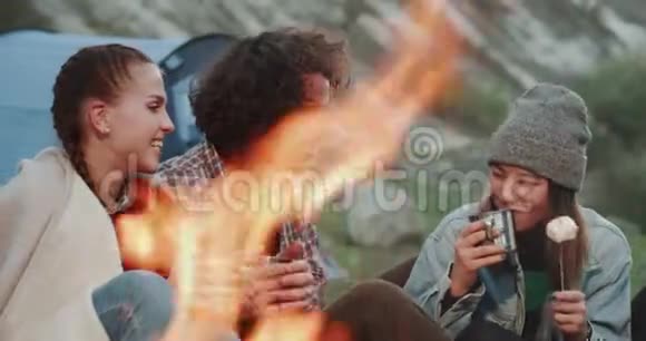 多文化的年轻朋友在山中央和篝火旁共度美好时光的画像视频的预览图