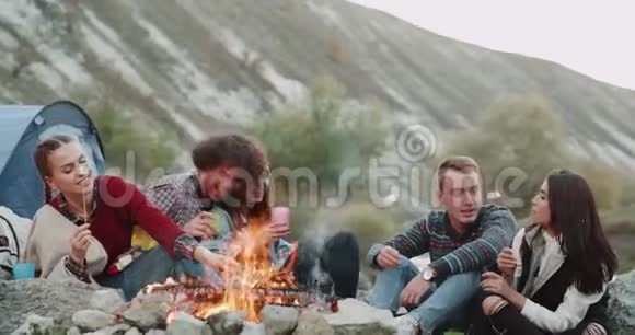 有趣的有魅力的朋友们一起露营一起坐在篝火旁吃棉花糖视频的预览图