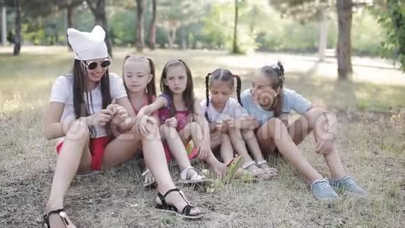 五个女朋友坐在公园的草地上吃苹果视频的预览图