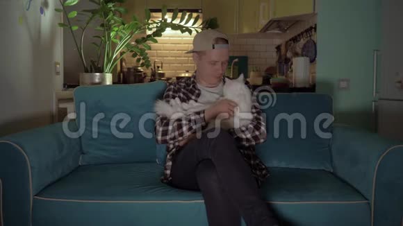 那家伙坐在一张蓝色的沙发上抚摸着躺在他腿上的一只白猫4K视频的预览图