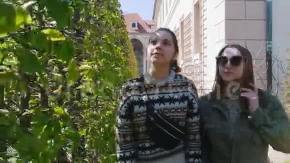 两个年轻女子在装饰植物间散步视频的预览图