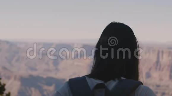后景特写镜头快乐活跃的年轻女子背着背包徒步观赏大峡谷史诗般的夏日风光视频的预览图