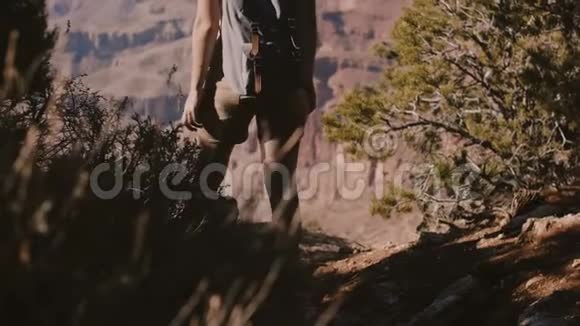 慢动作后景快乐年轻的旅游妇女站着双臂张开观看史诗般的大峡谷山景视频的预览图
