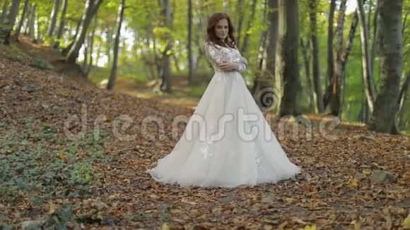 新娘穿婚纱入住森林公园很开心恋爱中的女人视频的预览图