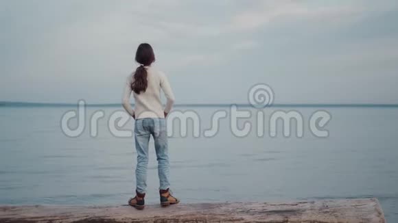 一个女孩站在海边的肖像背面视图视频的预览图