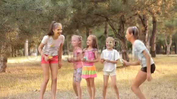 一群孩子在夏天公园的草坪上玩得很开心驼峰玩着五颜六色的颜色和沙子孩子们笑声视频的预览图