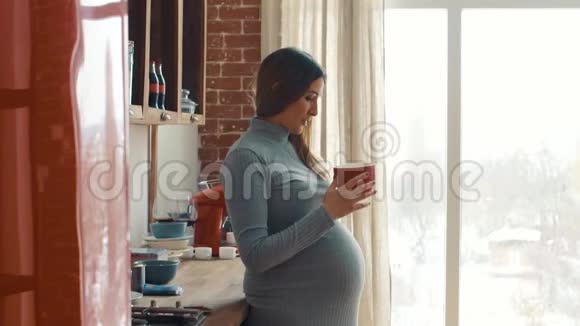 成年孕妇抚摸腹部手拿红杯视频的预览图