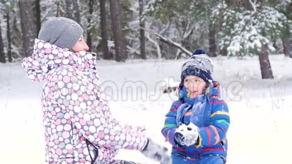 快乐的母子在雪地里玩耍把它扔进照相机里坐在冬天的森林或公园里光线视频的预览图
