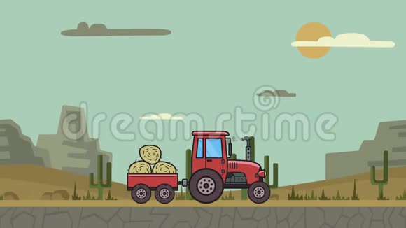 动画拖拉机与手推车充满干草骑过峡谷沙漠在沙漠上移动农用车视频的预览图