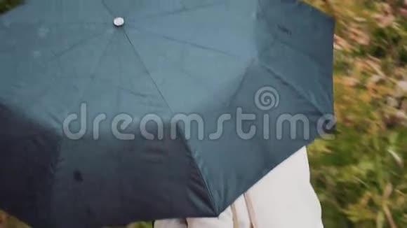 一个女人走在黑色的伞下伞上有可见的雨滴视频的预览图