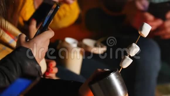 一群朋友坐在冬林的炉火旁喝着热饮吃着棉花糖拍张照片视频的预览图