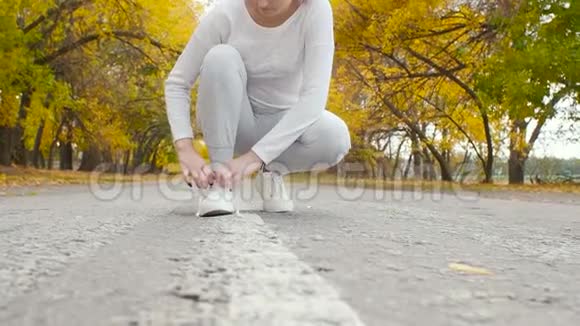 在秋天的大自然中在沥青跑道上系鞋带的跑步者年轻的女人准备开始跑步女孩从事户外运动视频的预览图