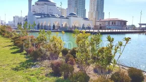 美丽湖泊中的白色清真寺和绿色植物和树木视频的预览图
