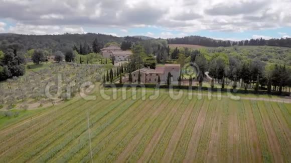 空中射击美丽的意大利托斯卡纳和它的葡萄园在有田地的框架农场里视频的预览图