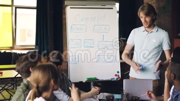 英俊的年轻人正在用白板为团队做创造性的演示他用记号笔和记号笔指向文字视频的预览图