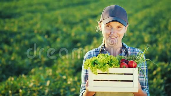 一个女农民站在田里拿着一个盒子和一套新鲜蔬菜的肖像有机农业视频的预览图