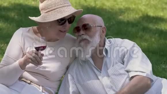 可爱的老夫妇在公园野餐视频的预览图