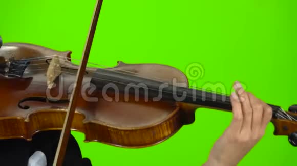 音乐家的手指把琴弦夹在木制小提琴上绿色屏幕关门视频的预览图