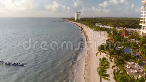 在靠近墨西哥坎昆的海滨度假胜地附近棕榈树随风飘动的空中景色视频的预览图