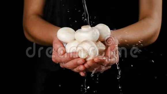 在女人手里洗蘑菇慢动作视频的预览图