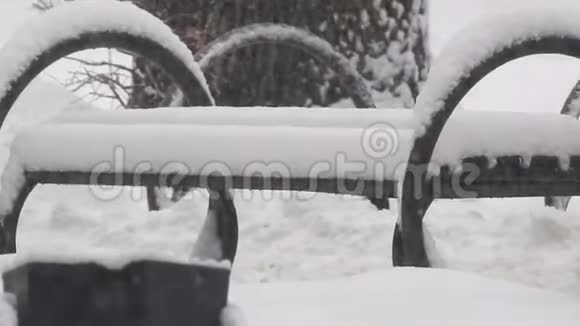 在降雪城市公园里的长凳视频的预览图