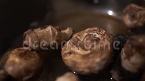 许多油炸蘑菇覆盖着托盘躺在黑暗的厨房里视频的预览图