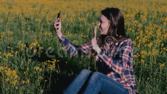 女人讲视频聊天在电话上坐在草地上的黄花间视频的预览图