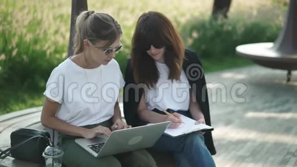 两位年轻的设计师在夏天的公园长椅上讨论他们未来的项目视频的预览图