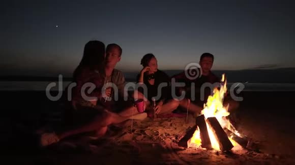 朋友们坐在篝火旁的一个格子花格子上加快了他们的热情两对夫妇在一起视频的预览图