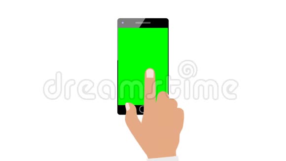 商人手特写与手势互动如轻触滑动点击手机或智能手机空白绿色屏幕显示视频的预览图