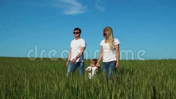 一家人在田里散步一个孩子穿着白色T恤衫视频的预览图