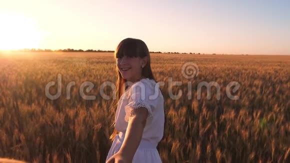 笑的女孩跑过田野小麦牵着一个男人的手金色的阳光慢动作视频的预览图