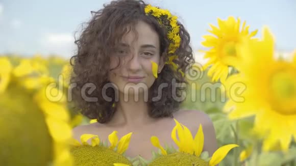 可爱的卷曲嬉戏的女孩看着镜头微笑地站在向日葵领域的肖像明亮的黄色视频的预览图