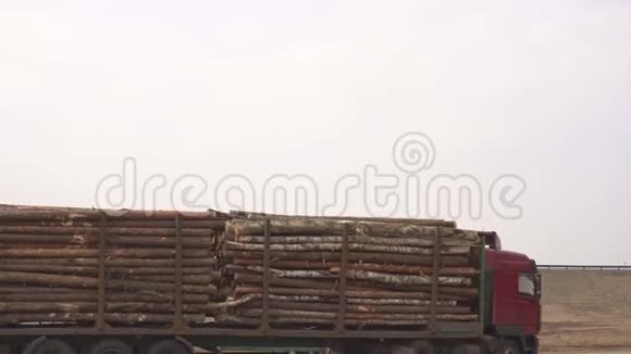 一辆大型卡车运输木材公路上的木材复制空间工业视频的预览图