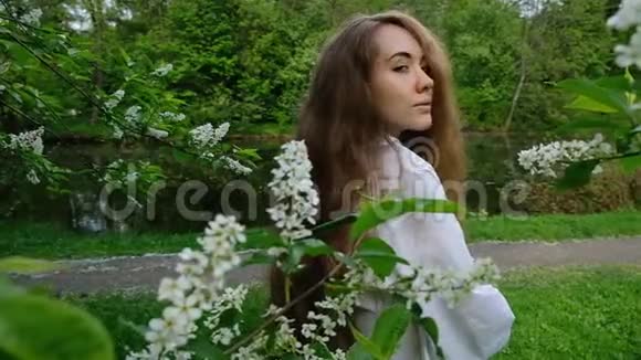 漂亮的欧洲女孩模特在镜头上摆姿势开花的鸟樱桃一个长着蓬松长发的年轻女子视频的预览图