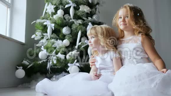 圣诞姐妹抱着人造的雪头发在背景上圣诞树上挂着装饰品视频的预览图