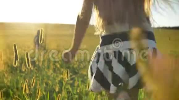 小女孩的背上长着长长的金发在麦田里奔跑拥抱着她的母亲背景是美丽的日落视频的预览图