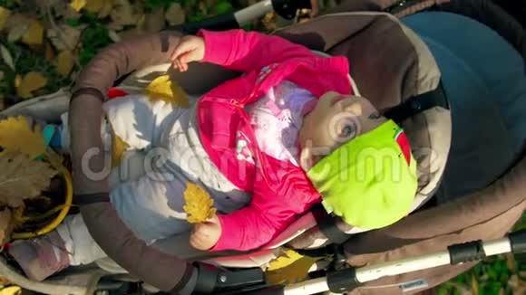 黄秋叶落在一个坐在婴儿车里的小女婴身上可爱的小女孩在红橙树的旋风中微笑视频的预览图