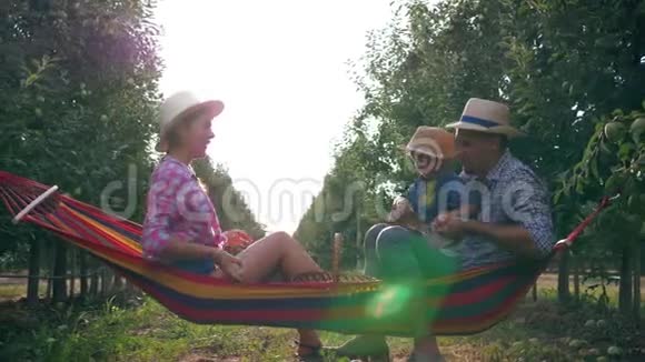 在温暖的夏日一家人在美丽的花园里用草帽扔苹果享受大自然视频的预览图