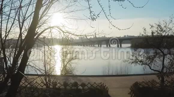 4基辅的Dnieper河上太阳落山的时间经过树木视频的预览图