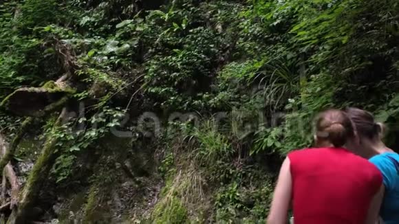 女人在山上用智能手机看照片热带森林里有大石头视频的预览图